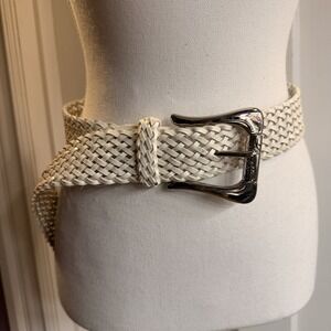 Guess Vintage Wide White Braided Woven Belt Silver Buckle Sz Large